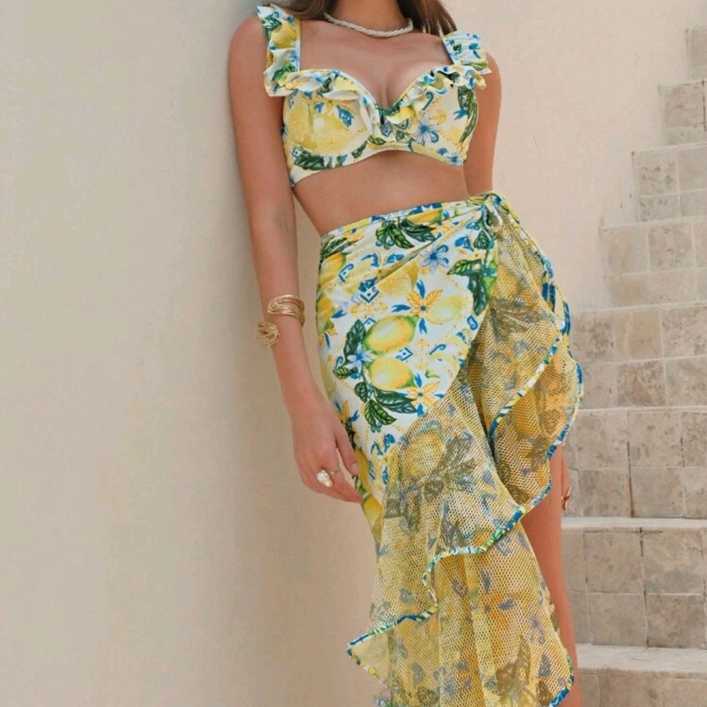 3 Piece Lemon Print Ruffle Bikini Set with Wrap Skirt